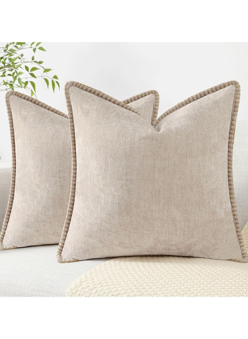 عام أغلفة وسائد شينيل ناعمة (18x18)، طقم من قطعتين، مخمل ريفي بألوان محايدة، بتصميم حواف مخيطة للأريكة والسرير والزينة المنزلية - Image 1