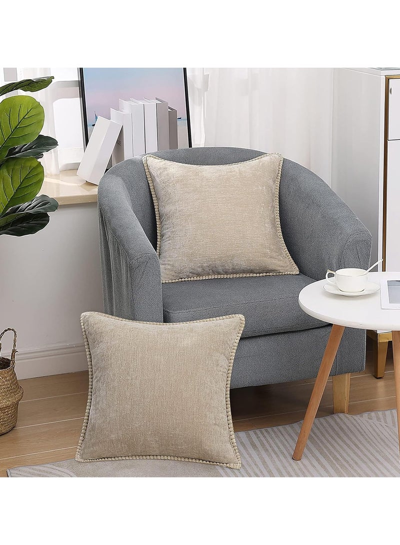 عام أغلفة وسائد شينيل ناعمة (18x18)، طقم من قطعتين، مخمل ريفي بألوان محايدة، بتصميم حواف مخيطة للأريكة والسرير والزينة المنزلية - Image 2