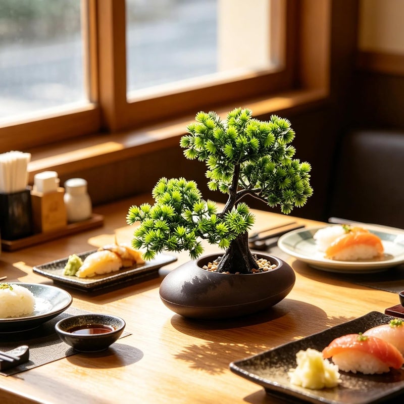 Fake Plant Sushi Plate Decoration - Sashimi Platter Pine Tree Ornament - 11" High Artificial Pine Tree for Japanese Cold Dish, Dining Table Plant Layout, Green - Image 3