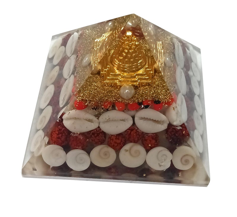 rocksmins Natural Orgone Pyramid Gomti Chakra Rudraksha Shri Yantra Kauri Red & White Chirmi Seeds Resin 3" for Wealth Prosperity Feng Shui Vastu Items for Home Temple Office Good Luck - Image 1