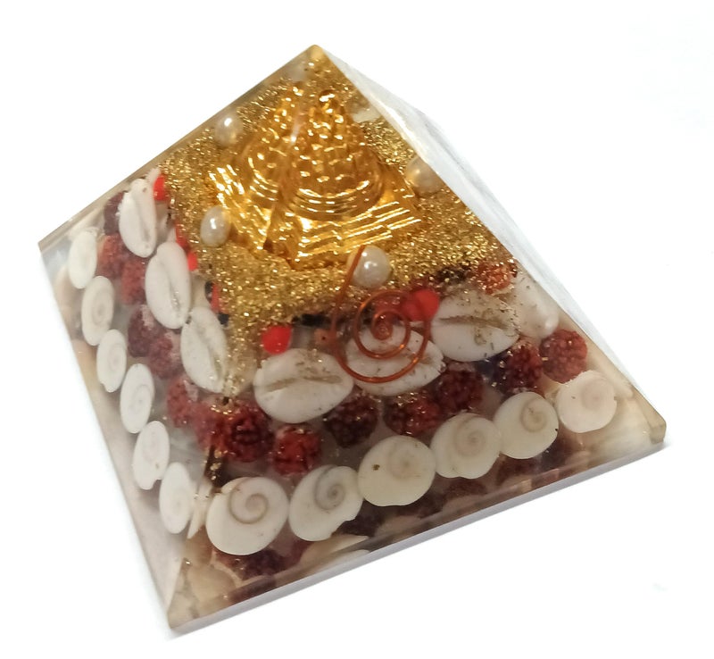 rocksmins Natural Orgone Pyramid Gomti Chakra Rudraksha Shri Yantra Kauri Red & White Chirmi Seeds Resin 3" for Wealth Prosperity Feng Shui Vastu Items for Home Temple Office Good Luck - Image 5