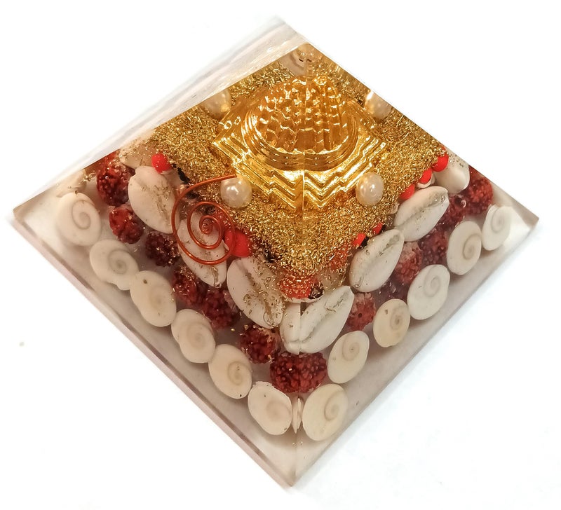 rocksmins Natural Orgone Pyramid Gomti Chakra Rudraksha Shri Yantra Kauri Red & White Chirmi Seeds Resin 3" for Wealth Prosperity Feng Shui Vastu Items for Home Temple Office Good Luck - Image 4