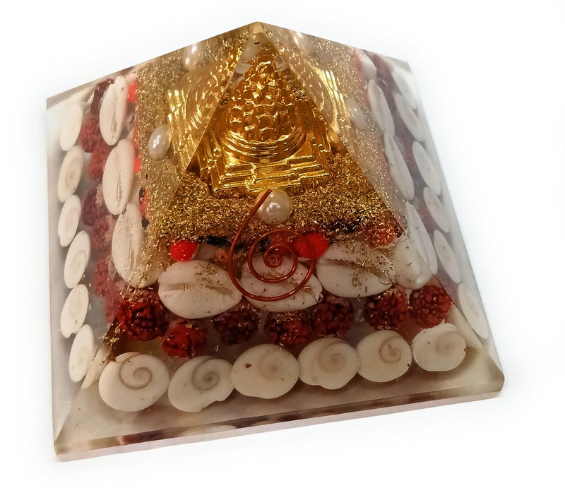 rocksmins Natural Orgone Pyramid Gomti Chakra Rudraksha Shri Yantra Kauri Red & White Chirmi Seeds Resin 3" for Wealth Prosperity Feng Shui Vastu Items for Home Temple Office Good Luck - Image 3
