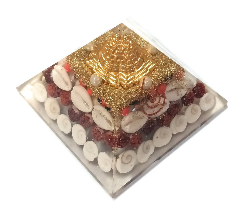 rocksmins Natural Orgone Pyramid Gomti Chakra Rudraksha Shri Yantra Kauri Red & White Chirmi Seeds Resin 3" for Wealth Prosperity Feng Shui Vastu Items for Home Temple Office Good Luck - Image 2