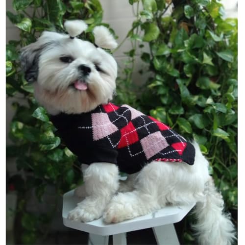 Lulala Small Dog Winter Sweater – Argyle Knit Pullover, Warm Polyester Pet Clothing, Black Red Design for Puppies & Small Breeds - Image 1