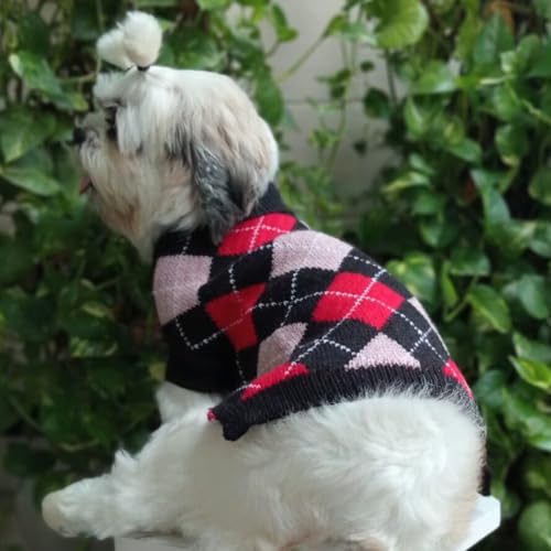 Lulala Small Dog Winter Sweater – Argyle Knit Pullover, Warm Polyester Pet Clothing, Black Red Design for Puppies & Small Breeds - Image 2