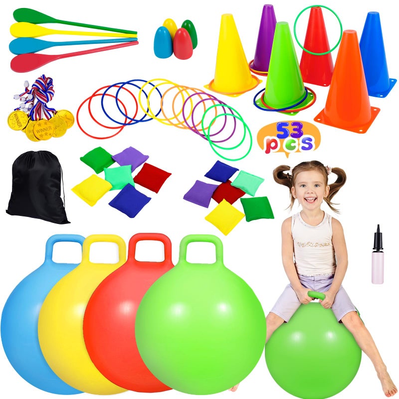 CWLAKON 53PCS Carnival Outdoor Games Combo Set Hopper Balls for Kids Ring Toss Bean Bags Easter Games Egg Spoon Relay Race Outside Yard Backyard Field Day Birthday Party Family Reunion Game - Image 2