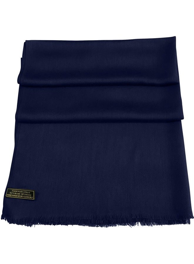 CJ Apparel Navy Blue Dark Blue Solid Color Fringe Design Nepalese Shawl Scarf Wrap Stole Throw Head Wrap Pashmina Hand Made in Nepal New, Navy Blue Fc1088, One size - Image 2