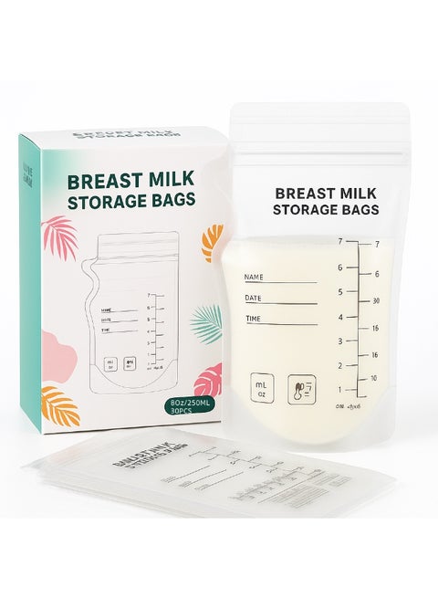 30 Pcs 250ML Breastmilk Storage Bags 8oz Breast Milk Storing Bags BPA-Free Milk Storage Bags with Pour Spout for Breastfeeding Self-Standing Bag Space Saving Flat Profile Sealing for Fridge or Freezer Use