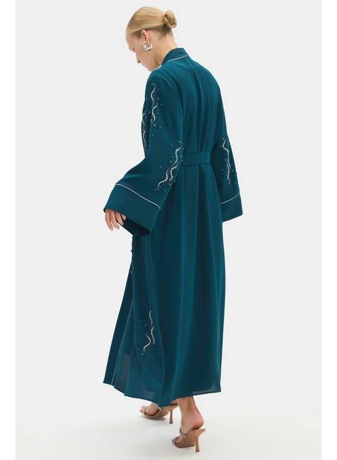 JUNE June Women Stoned Waist Tie Detailed Abaya Teal