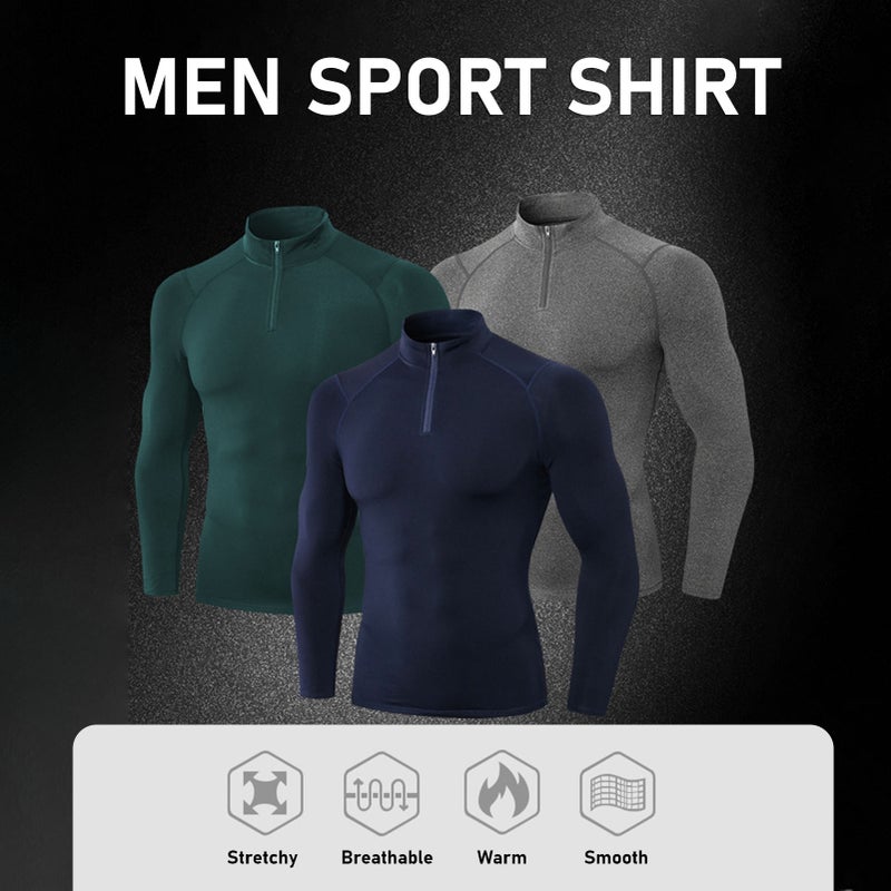 Men Sport Shirt Fleece Warm Stretchy Bodycon Stand Collar Long Sleeve Zipper Running Fitness Sportswear - Image 2