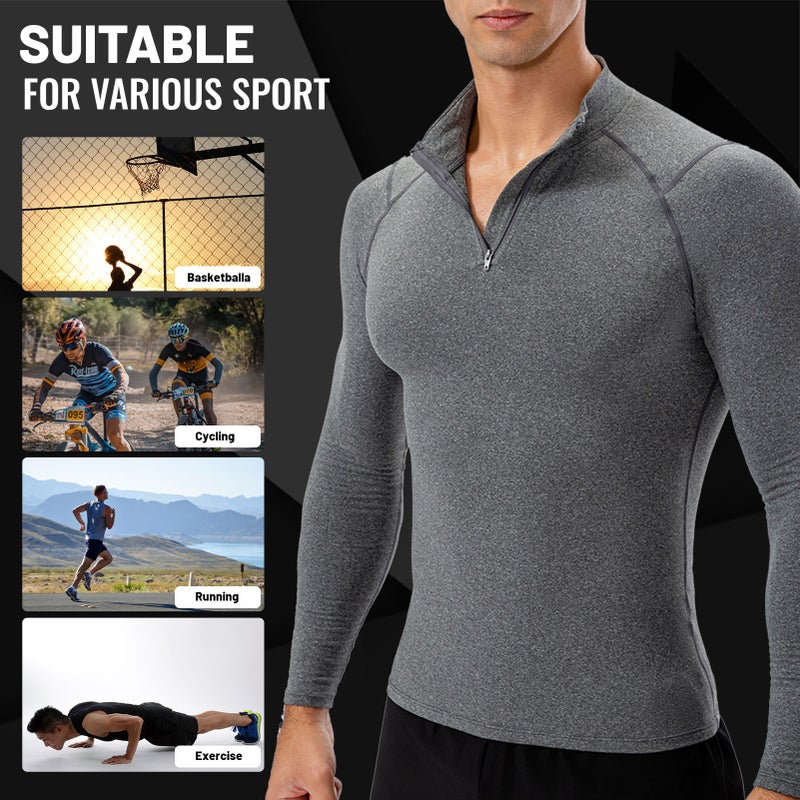 Men Sport Shirt Fleece Warm Stretchy Bodycon Stand Collar Long Sleeve Zipper Running Fitness Sportswear - Image 4
