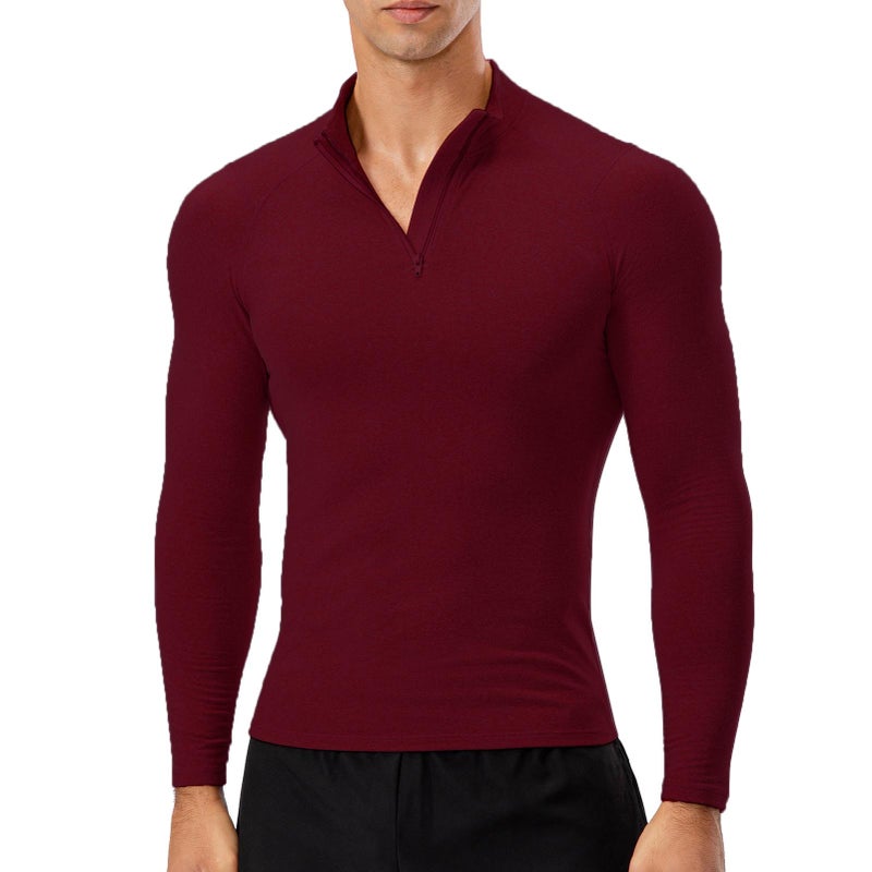Men Sport Shirt Fleece Warm Stretchy Bodycon Stand Collar Long Sleeve Zipper Running Fitness Sportswear - Image 1