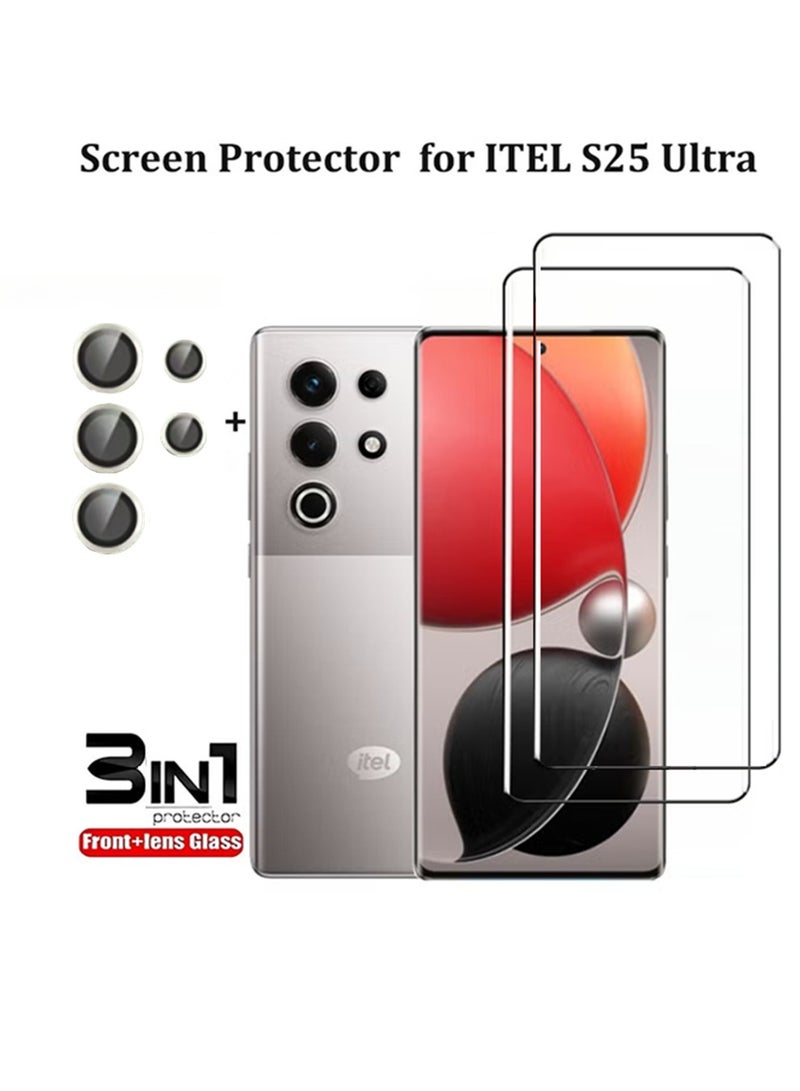 إكس ليفيل واقي شاشة Itel S25 Ultra، قطعتان لعدسة الكاميرا الخلفية عبوة واحدة، واقي شاشة زجاجي تيمبي عالي الدقة، مقاوم للخدش، مضاد لبصمات الأصابع، تغطية كاملة للشاشة، ملحقات (شفاف) - Image 1