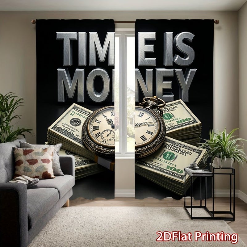 Pocket Watch Curtains 2pcs Blinds Set 55x150cm Room Darkening Time Is Money Printed Light Blocking Thermal Insulation Privacy Protection Curtains for Living Room Kitchen Bedroom Study Balcony Rod Pocket Design - Image 5