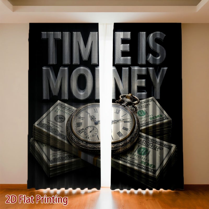 Pocket Watch Curtains 2pcs Blinds Set 55x150cm Room Darkening Time Is Money Printed Light Blocking Thermal Insulation Privacy Protection Curtains for Living Room Kitchen Bedroom Study Balcony Rod Pocket Design - Image 1
