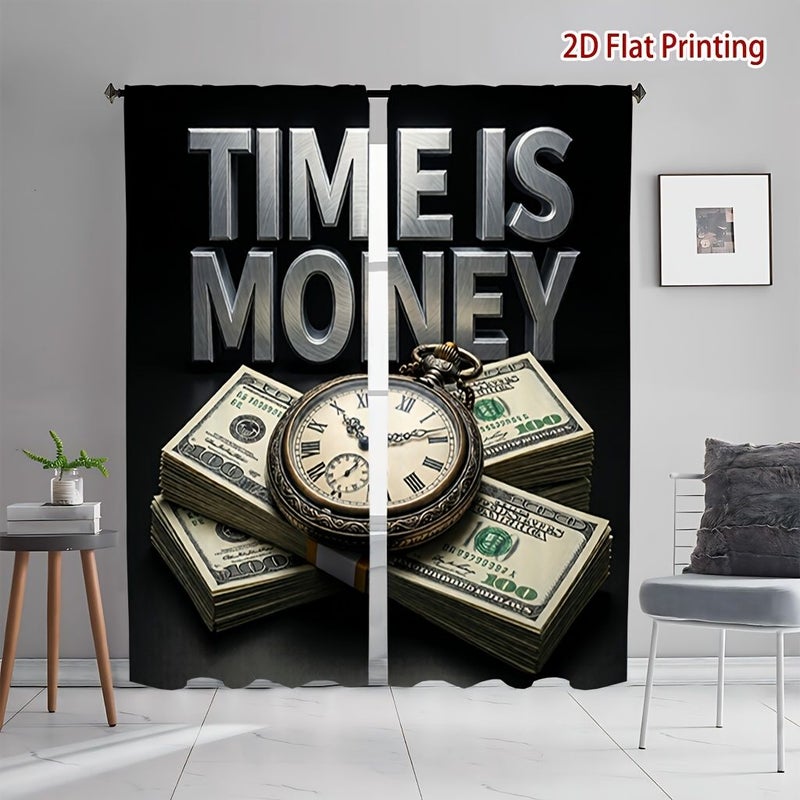 Pocket Watch Curtains 2pcs Blinds Set 55x150cm Room Darkening Time Is Money Printed Light Blocking Thermal Insulation Privacy Protection Curtains for Living Room Kitchen Bedroom Study Balcony Rod Pocket Design - Image 4