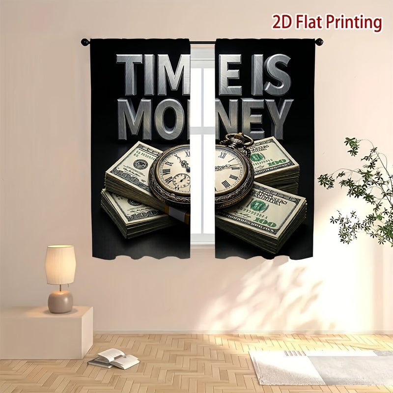 Pocket Watch Curtains 2pcs Blinds Set 55x150cm Room Darkening Time Is Money Printed Light Blocking Thermal Insulation Privacy Protection Curtains for Living Room Kitchen Bedroom Study Balcony Rod Pocket Design - Image 3