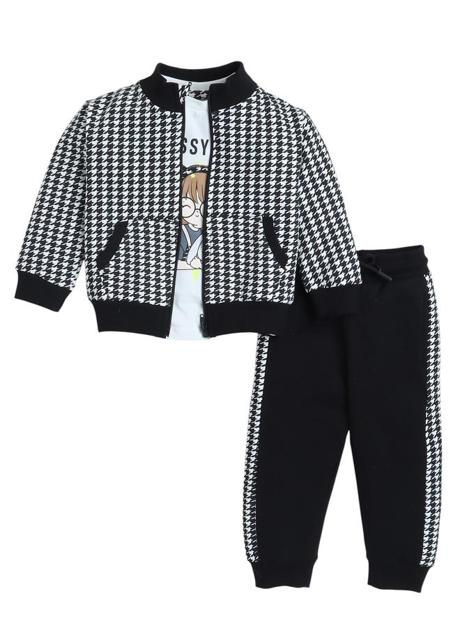 Victor And Jane Pack of 3 - Girls Printed T-Shirt, Houndstooth Jacket and Joggers - Image 1