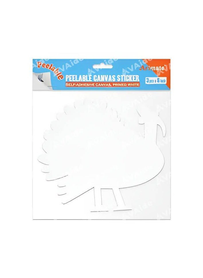 Pack of 3 Pieces Artmate Peelable Peacock Shape Canvas Sticker, Self Adhesive Canvas, Primed White Colour