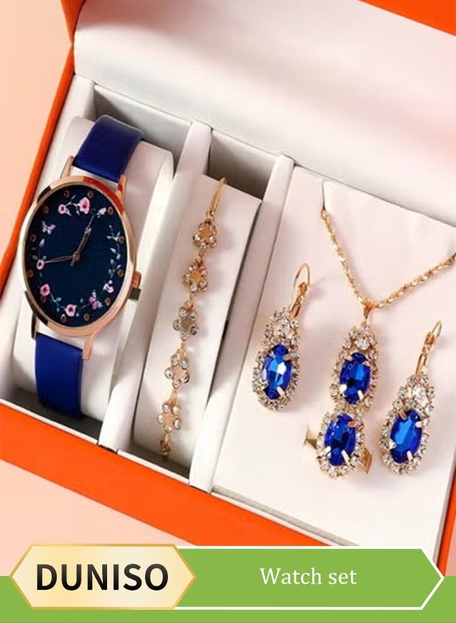 DUNISO 5 Pieces of Rhinestone watch set, women's sapphire inlaid diamond quartz watch, alloy watch, with earrings, bracelet, necklace, ring, diamond decorative design, suitable for daily use  - Image 1