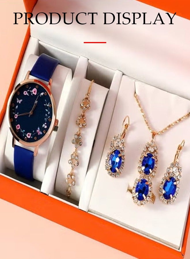 DUNISO 5 Pieces of Rhinestone watch set, women's sapphire inlaid diamond quartz watch, alloy watch, with earrings, bracelet, necklace, ring, diamond decorative design, suitable for daily use  - Image 4