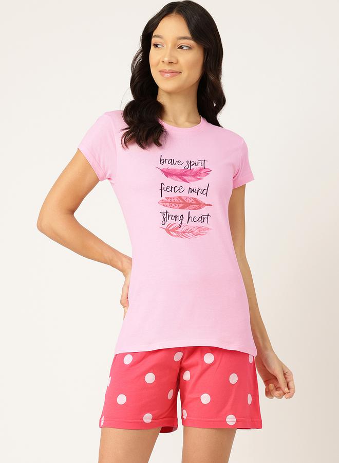 ليدينغ ليدي طقم تي شيرت بأكمام قصيرة وشورت بطبعة شعار من ستايلي - Image 1