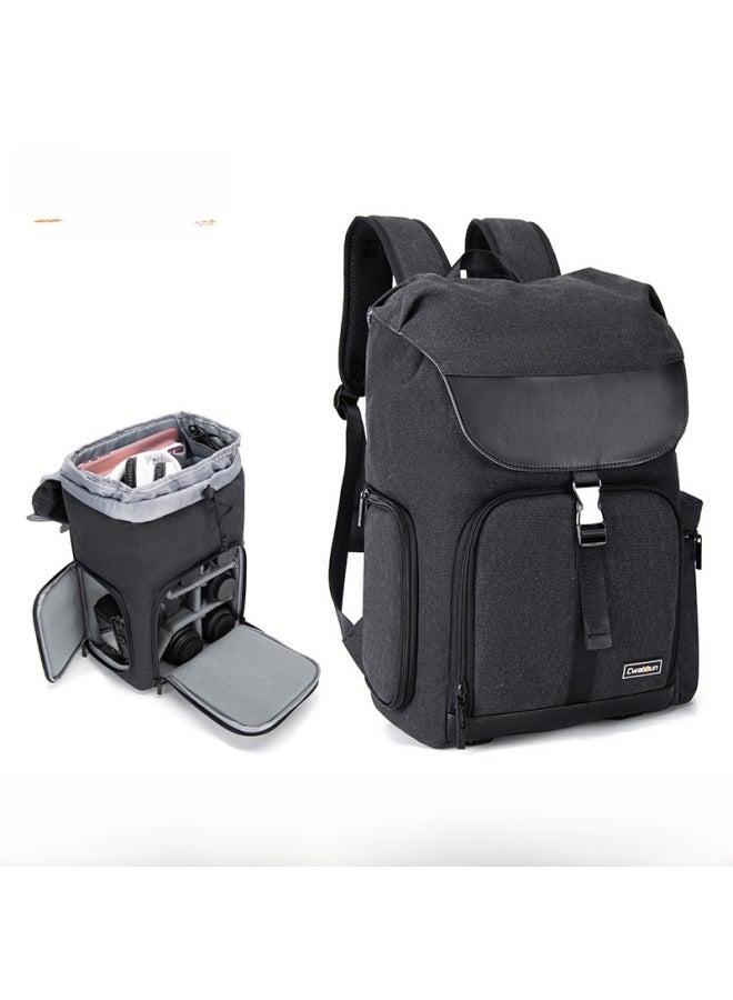 Cwatcun Hong Kong DSLR Camera Bag Canvas Backpack Large Capacity Photography Backpack Camera Photography Backpack-Color:CW + M8 Black (1 Machine, 5 Mirrors + Upper And Lower Sub-warehouses + Side Opening And Picking Machine + Strappable Tripod)  - Image 2