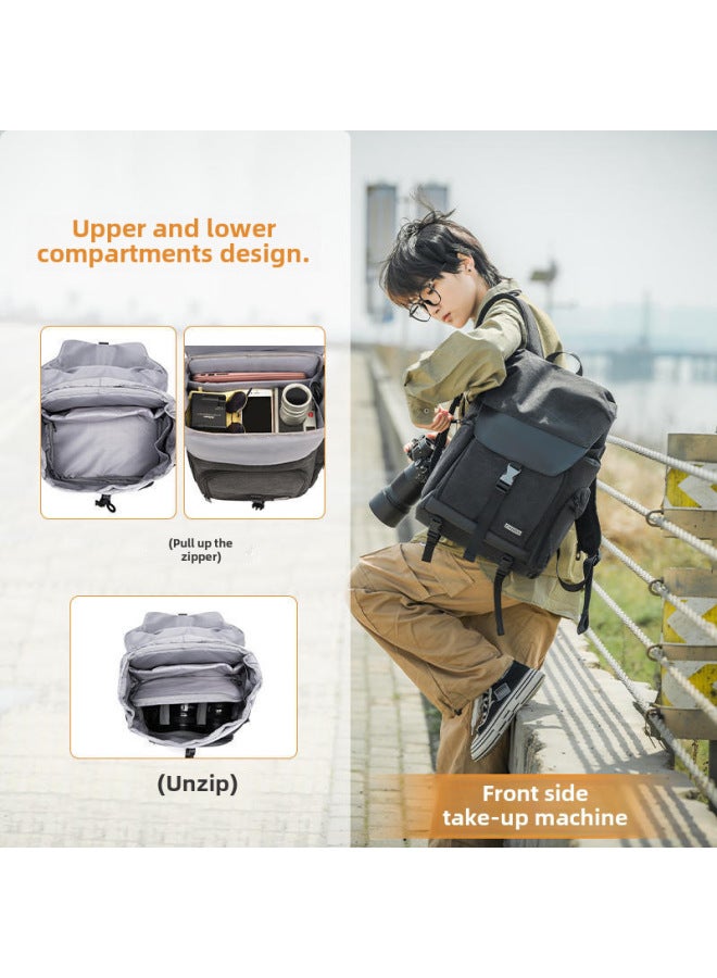 Cwatcun Hong Kong DSLR Camera Bag Canvas Backpack Large Capacity Photography Backpack Camera Photography Backpack-Color:CW + M8 Black (1 Machine, 5 Mirrors + Upper And Lower Sub-warehouses + Side Opening And Picking Machine + Strappable Tripod)  - Image 5