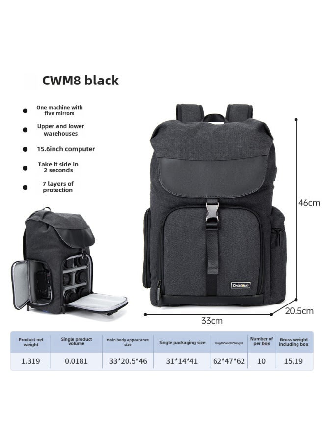 Cwatcun Hong Kong DSLR Camera Bag Canvas Backpack Large Capacity Photography Backpack Camera Photography Backpack-Color:CW + M8 Black (1 Machine, 5 Mirrors + Upper And Lower Sub-warehouses + Side Opening And Picking Machine + Strappable Tripod)  - Image 1