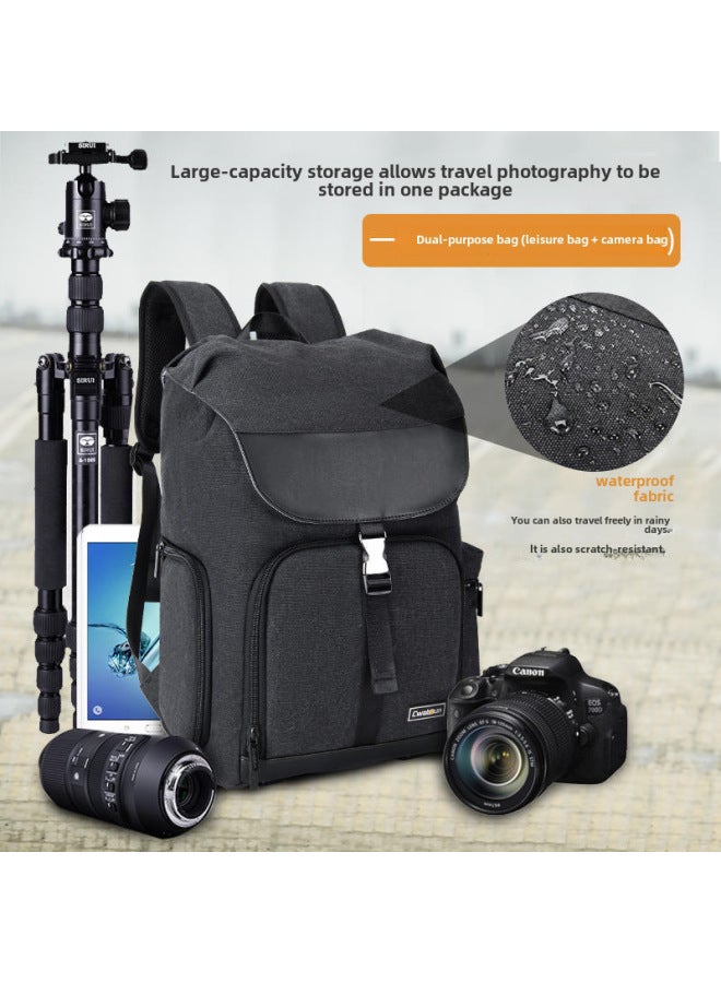Cwatcun Hong Kong DSLR Camera Bag Canvas Backpack Large Capacity Photography Backpack Camera Photography Backpack-Color:CW + M8 Black (1 Machine, 5 Mirrors + Upper And Lower Sub-warehouses + Side Opening And Picking Machine + Strappable Tripod)  - Image 4