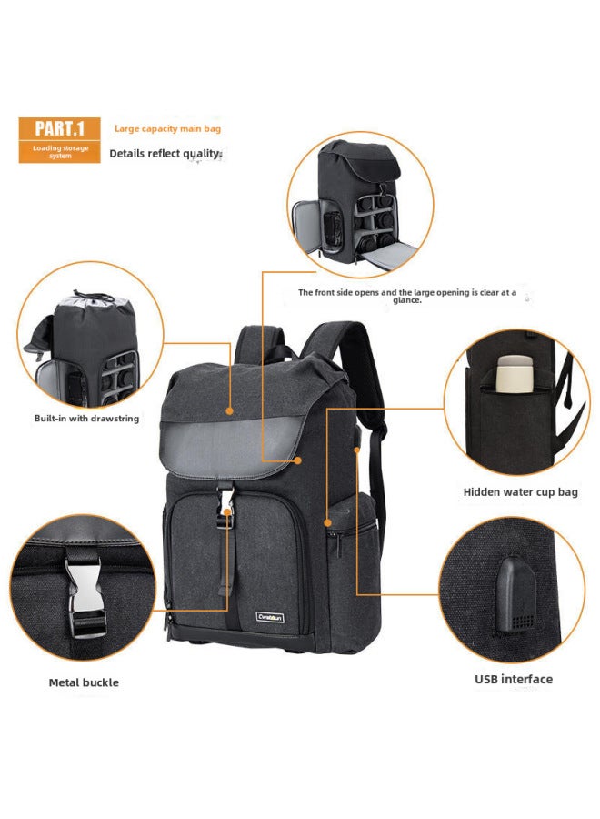Cwatcun Hong Kong DSLR Camera Bag Canvas Backpack Large Capacity Photography Backpack Camera Photography Backpack-Color:CW + M8 Black (1 Machine, 5 Mirrors + Upper And Lower Sub-warehouses + Side Opening And Picking Machine + Strappable Tripod)  - Image 3