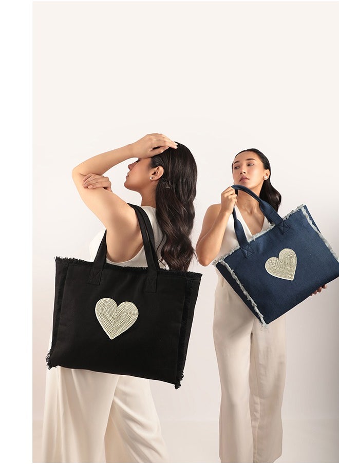 earthbags - Amor Pearl Fringe Tote Bag Denim - Image 1