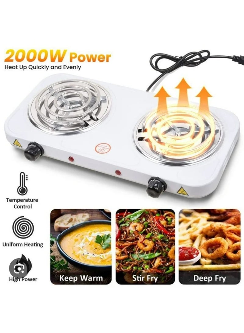 موقد كهربائي مزدوج 2000 واط بملفات تسخين وتحكم مستقل في الحرارة مع حماية من ارتفاع الحرارة مناسب للاستخدام المنزلي والسفر - Image 3