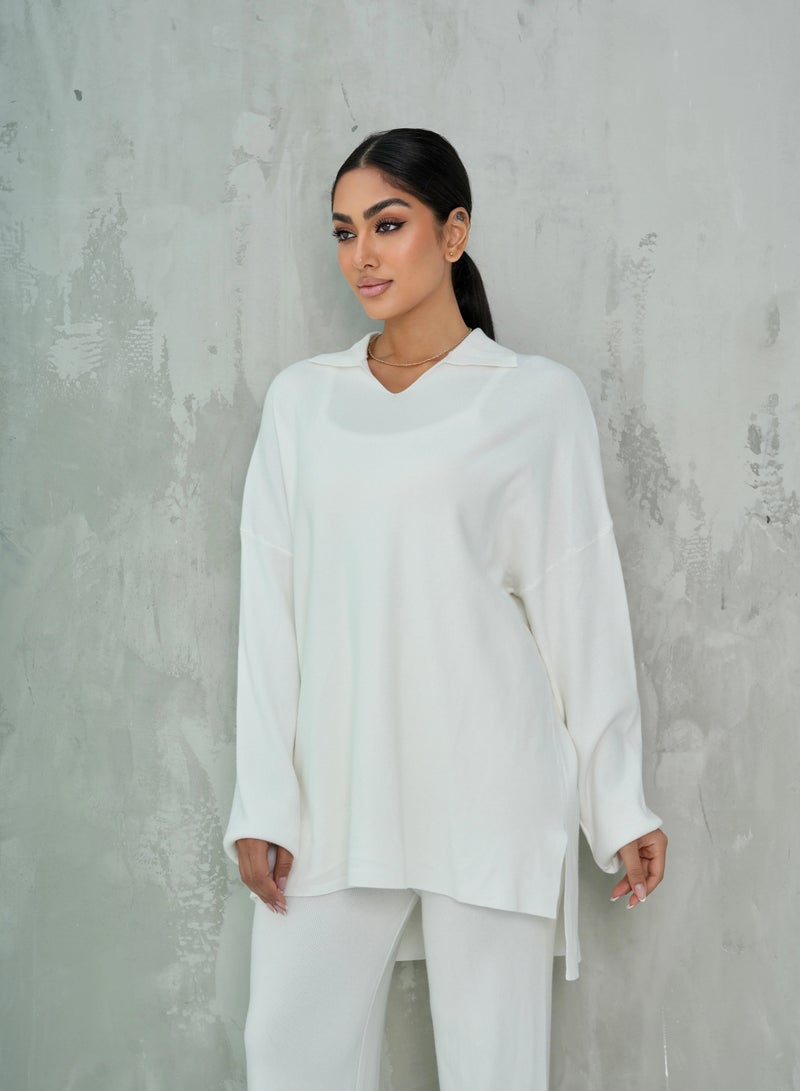 Andy 2322 | Women's Two-Piece Lounge Set – Soft Cotton, Oversized Top with Collar and Relaxed Fit Pants | White - Image 1