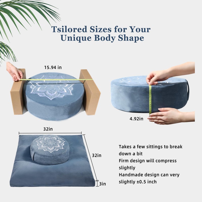 hunnidspace Meditation Zafu Cushion Set with Buckwheat Hulls & Memory Foam - Ergonomic Support for Yoga & Sitting - Removable Machine-Washable Luxury Velvet Cover - for Adults and Kids (Blue) - Image 5