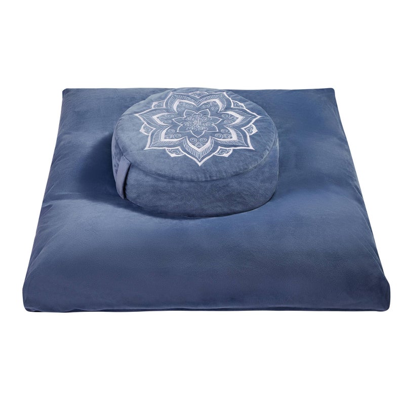 hunnidspace Meditation Zafu Cushion Set with Buckwheat Hulls & Memory Foam - Ergonomic Support for Yoga & Sitting - Removable Machine-Washable Luxury Velvet Cover - for Adults and Kids (Blue) - Image 1