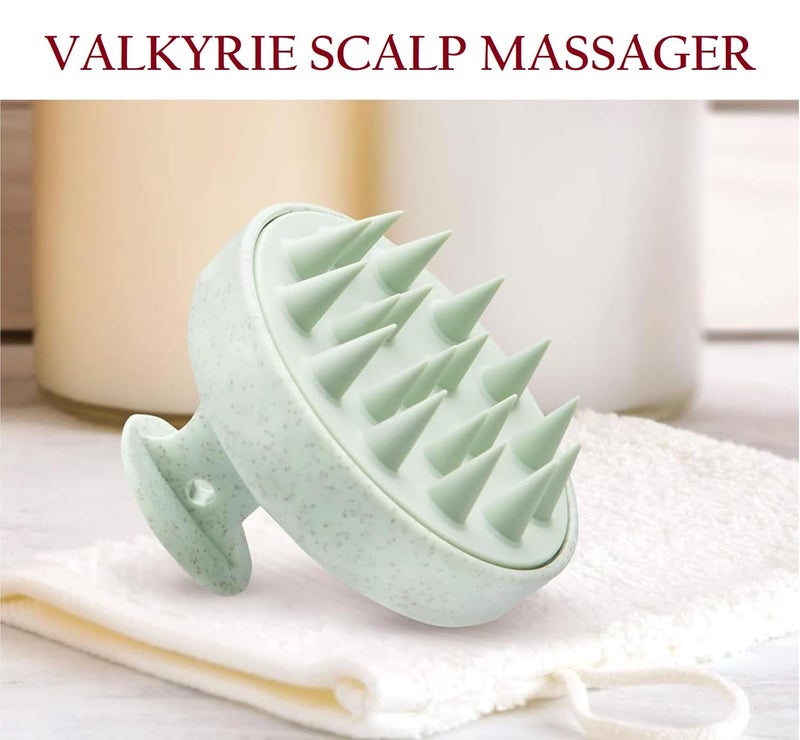 Valkyrie فرشاة شامبو لتدليك فروة الرأس يدوية، جسم صديق للبيئة مصنوع من قش القمح مع شعيرات سيليكون ناعمة، مقشر فروة الرأس، مزيل للقشرة، يمنع تساقط الشعر للجنسين | أخضر (Jg-35) - Image 3