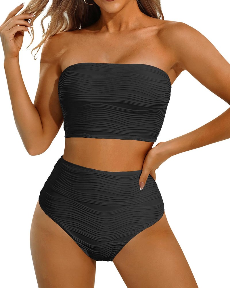 Talisea High Waisted Bandeau Bikini Set - Women Strapless Two Piece Swimsuits Ribbed Longline Full Coverage Bathing Suits Swimwear Black - Image 5