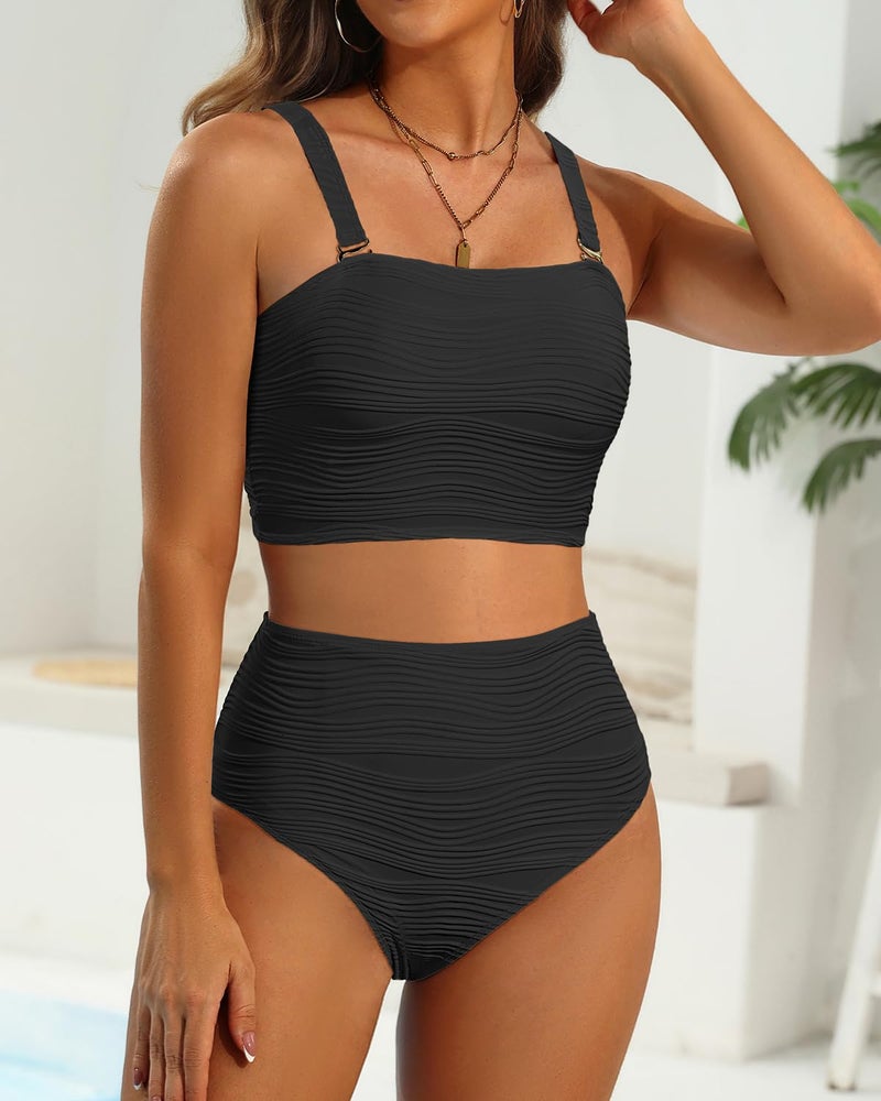 Talisea High Waisted Bandeau Bikini Set - Women Strapless Two Piece Swimsuits Ribbed Longline Full Coverage Bathing Suits Swimwear Black - Image 4