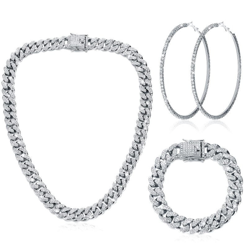 Batiyeer Link Chain Necklace Bracelet Rhinestone Earrings Bling Necklace Bracelet Crystal Big Circle Earring for Women(Silver, 16 Inch) - Image 1