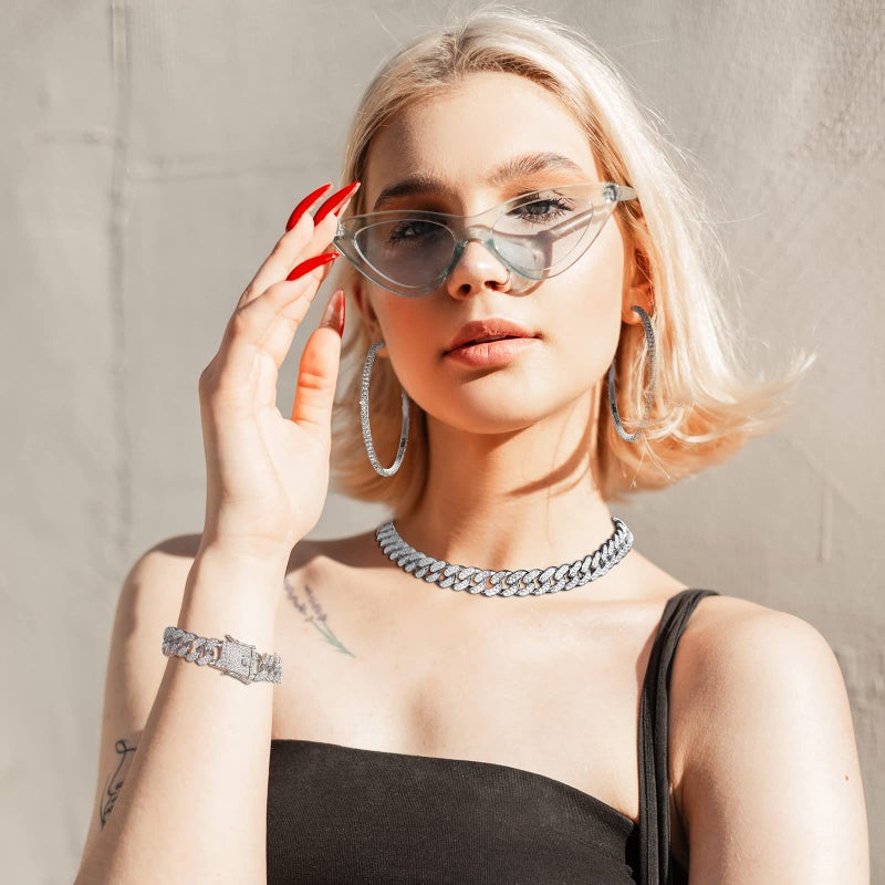 Batiyeer Link Chain Necklace Bracelet Rhinestone Earrings Bling Necklace Bracelet Crystal Big Circle Earring for Women(Silver, 16 Inch) - Image 4