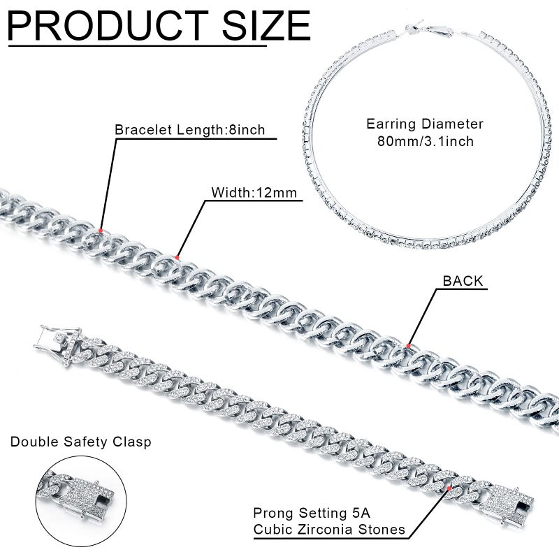 Batiyeer Link Chain Necklace Bracelet Rhinestone Earrings Bling Necklace Bracelet Crystal Big Circle Earring for Women(Silver, 16 Inch) - Image 3