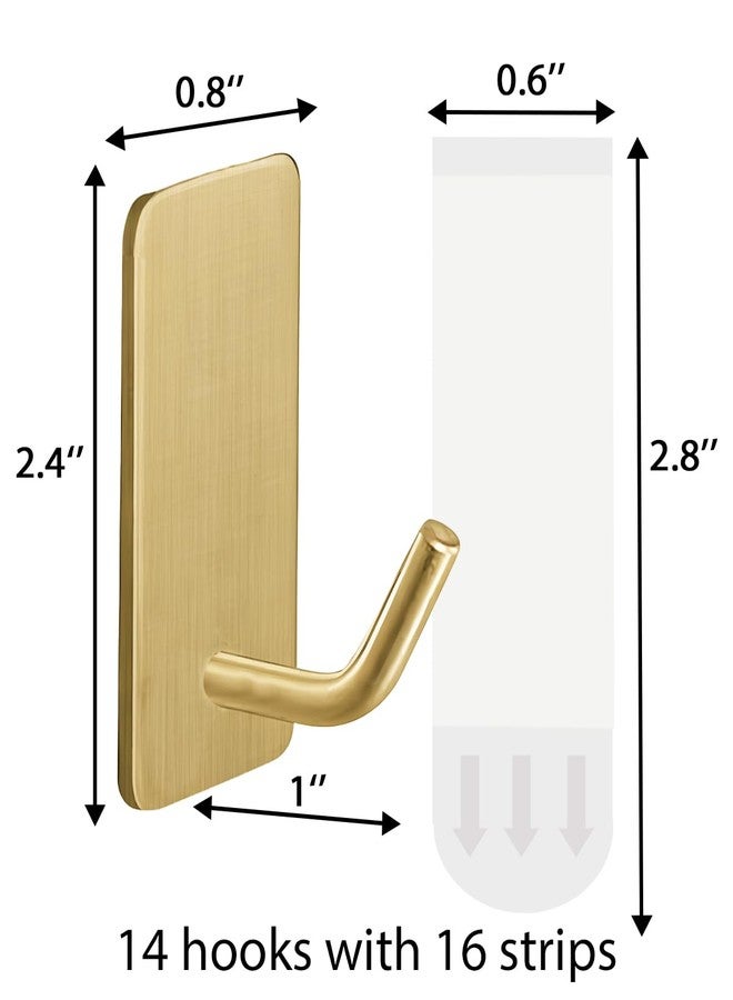 Hoousuper 14 Pcs Towel Hooks with Removable Strips for Hanging，Adhesive Wall Hooks Heavy Duty，Outdoor Hooks No Damage，Sticky Hooks for Bathrooms，Shower，Stockings，Decor，Robe，Medium，Gold 304 Stainless Steel - Image 5