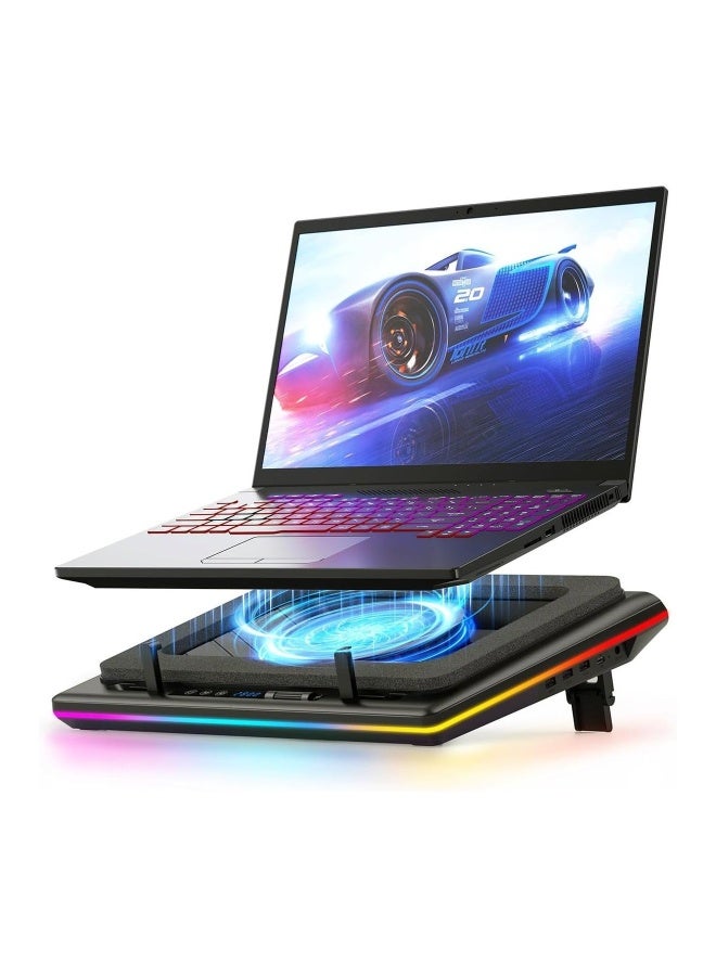 لانو منضدة تبريد لابتوب Llano V12 RGB بمحرك توربو بسرعة 2800 دورة في الدقيقة، مبرد بسرعة عالية بحجم 5.5 بوصة للكمبيوترات المحمولة بحجم 15.6 إلى 21 بوصة، بسرعة قابلة للتعديل، تحكم باللمس، شاشة LCD، أسود - Image 1