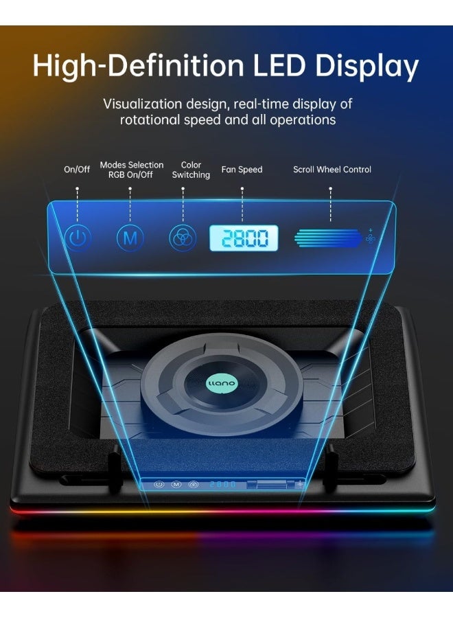 لانو منضدة تبريد لابتوب Llano V12 RGB بمحرك توربو بسرعة 2800 دورة في الدقيقة، مبرد بسرعة عالية بحجم 5.5 بوصة للكمبيوترات المحمولة بحجم 15.6 إلى 21 بوصة، بسرعة قابلة للتعديل، تحكم باللمس، شاشة LCD، أسود - Image 5