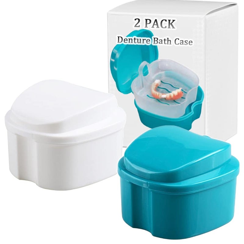 THINKPRICE Denture Bath Box Cup, Complete Clean Care for Dentures, Clear Braces, Mouth Guard, Night Guard & Retainers,Traveling (Blue & White) - Image 1