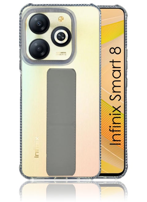 جراب شفاف مقاوم للصدمات من السيليكون لهاتف Infinix Smart 8 مع قبضة يد مغناطيسية - شفاف/رمادي