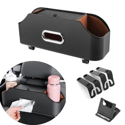 WedFeir Car Back Seat Organizer with 2 Drink Cup Holder and Tissue Box, Headrest Hanging Storage Box with Hooks and Phone Holder, Multi-Functional Storage for Kids and Travel. (Black) - Image 1