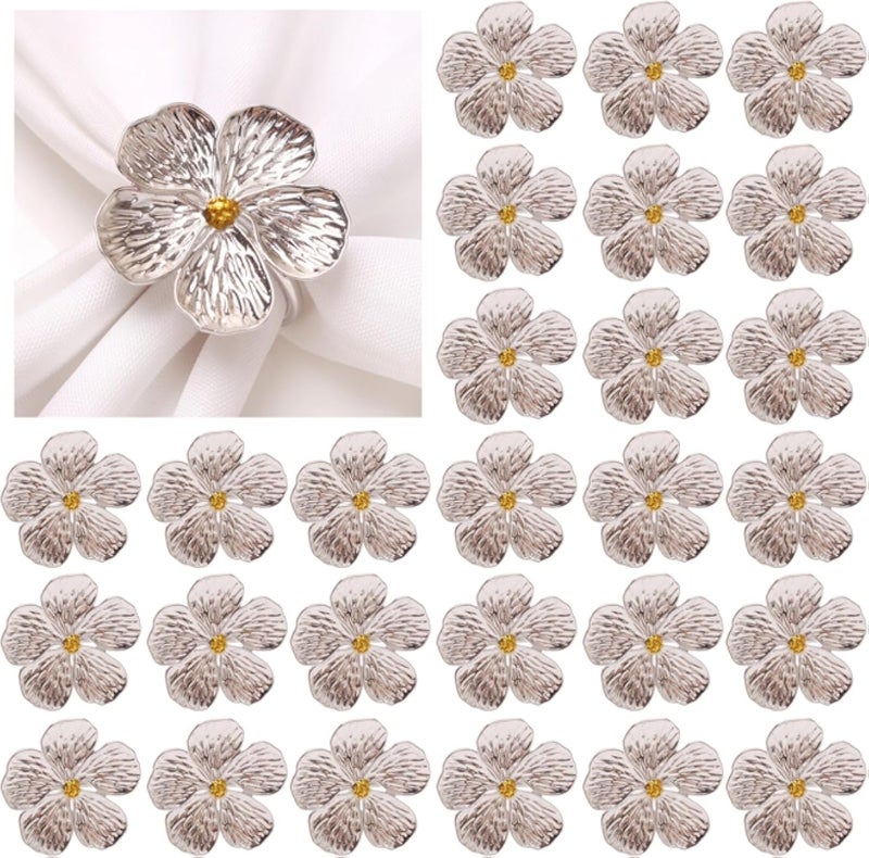 Flower Napkin Rings Set of 50, Plum Blossom Napkin Ring Silver Floral Holder for Wedding Season Banquet Party DÃ©cor Holiday Dinner Delicate Serviette Buckles Table Setting (Silver 50)